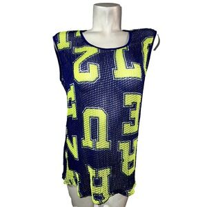 Hot & Delicious Womens Neon Yellow Blue Graphic Mesh Tank Top Size M NWT